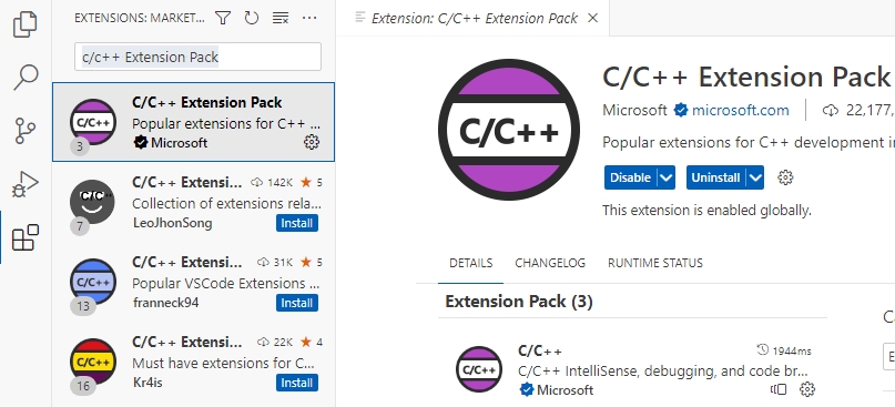 安装 C/C++ Extension Pack 插件